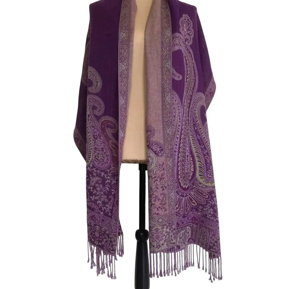 Scarf Wrap Royal Purple Floral Paisley Jacquard Pashmina Style Boho Elegant Boho